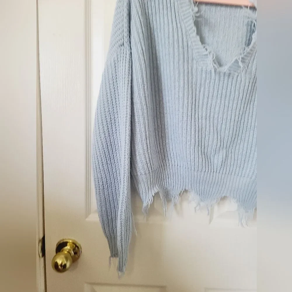 Boutique Light Blue Pastel Fringe V neck Knit Sweater M Crop Distressed